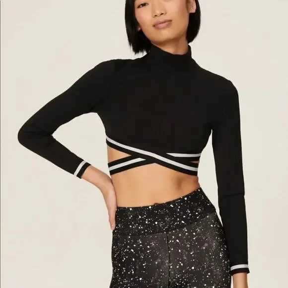 MICHI Black White Apex Ribbed cropped mock neck striped straps cutout Top MEDIUM - Picture 10 of 10